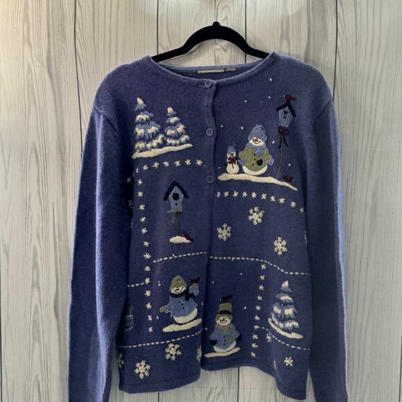 Vintage Croft & Barrow Wool Angora Snowman Birds Blue Christmas Cardigan Lg - Picture 1 of 8